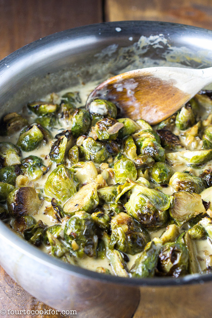 Roasted Brussels Sprouts with Gorgonzola Cream Sauce - Four to Cook For